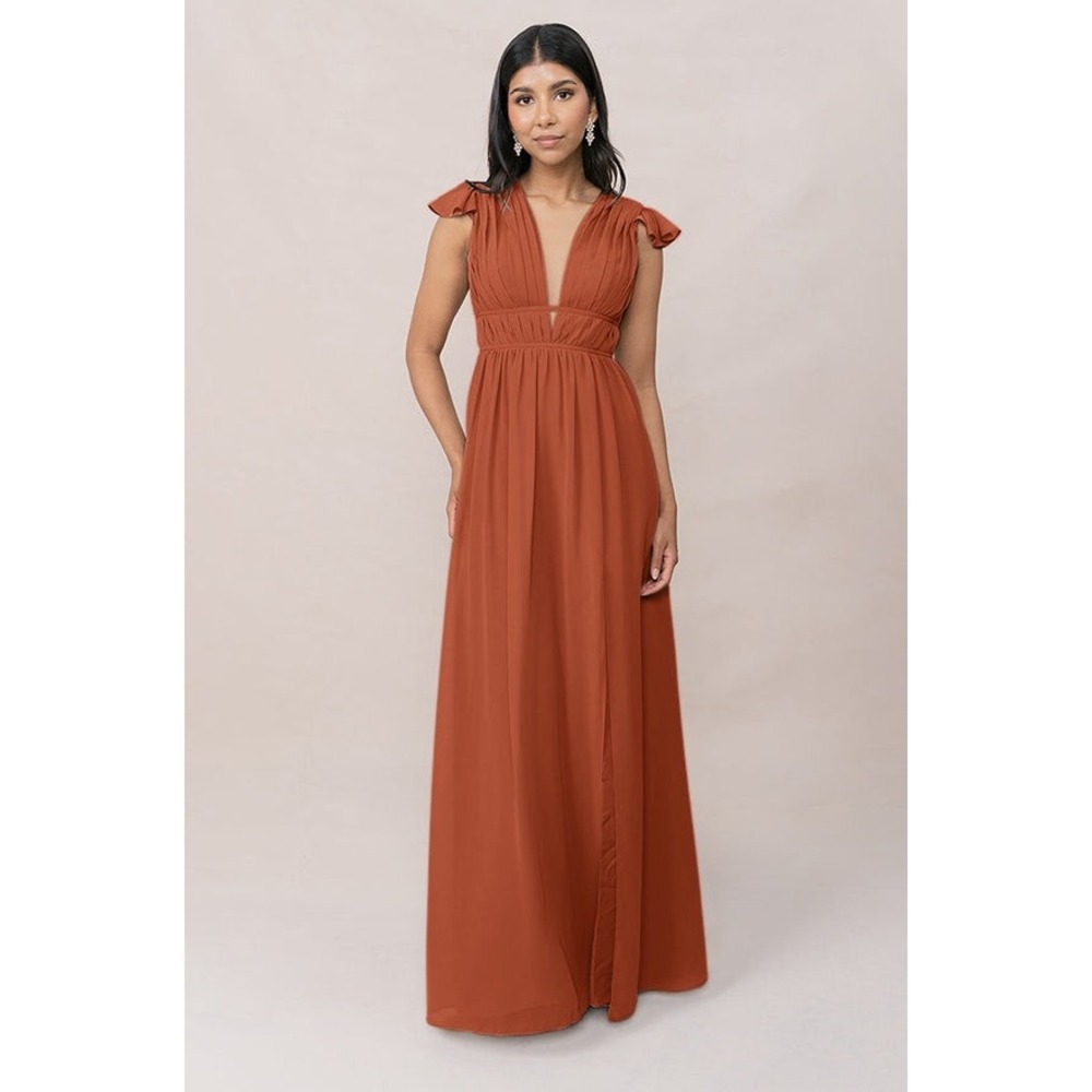 Revelry Cora Chiffon Bridesmaid Dress 16 Burnt Orange Maxi Formal Gown 9998-R